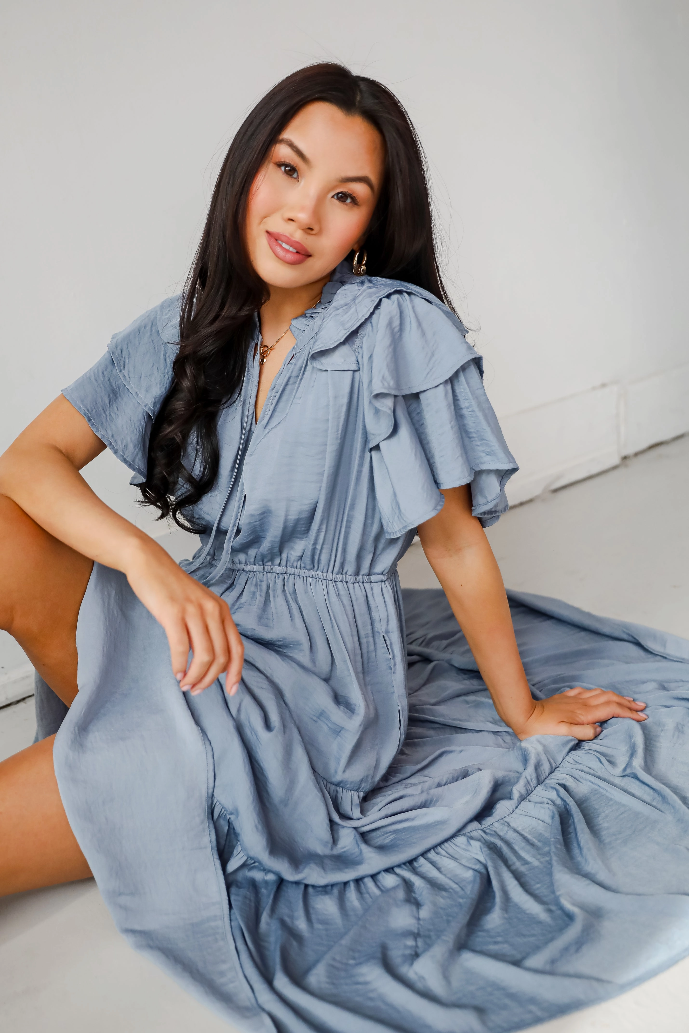 Perfectly Charming Blue Tiered Midi Dress Seamless Finish Spring-Season