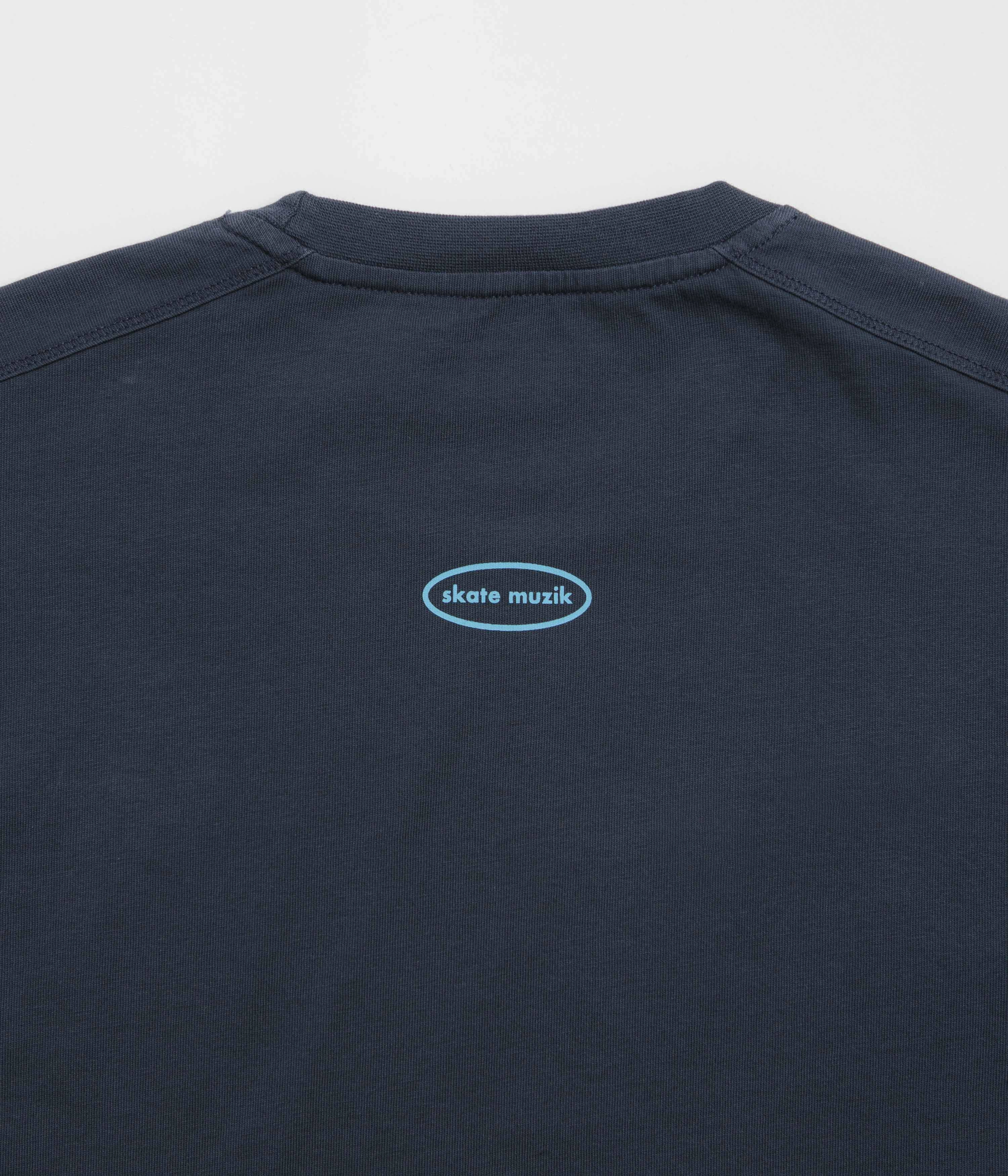 Pop Trading Company Skatemuzik T-Shirt - Navy pajama pants silhouette