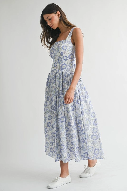 Subtle Motion Comfy Fit Wear Margaret Sleeveless Back Tie Floral Print Midi Dress Blue