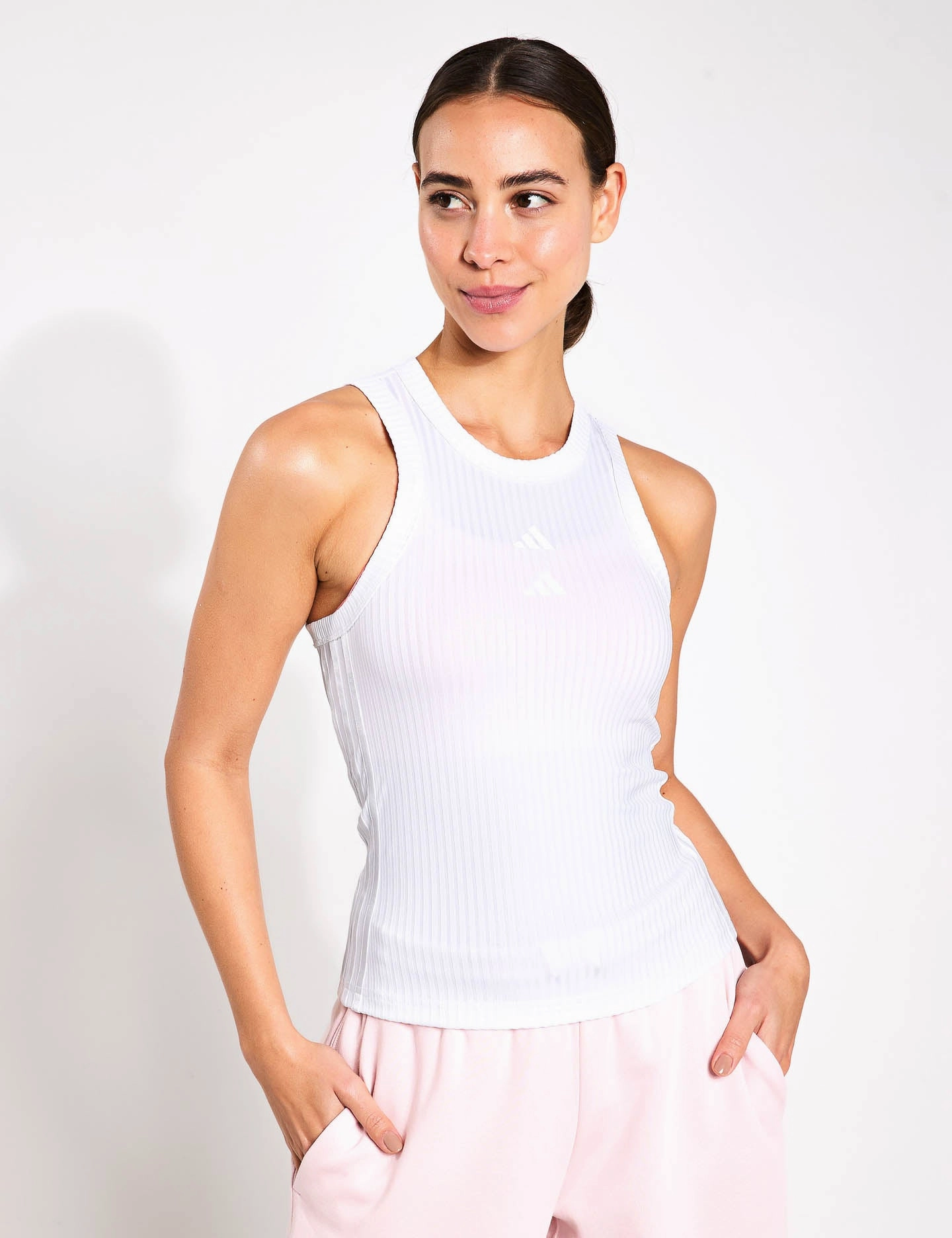 Advanced Moisture Management Urban Lightness All Gym Seasonal Rib Tight Fit Tonal 3-Stripes Tank Top - White