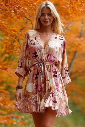 Ramona 3/4 Dolman Sleeve Floral Print Mini Dress Pink Cozy Wearable Modern-style