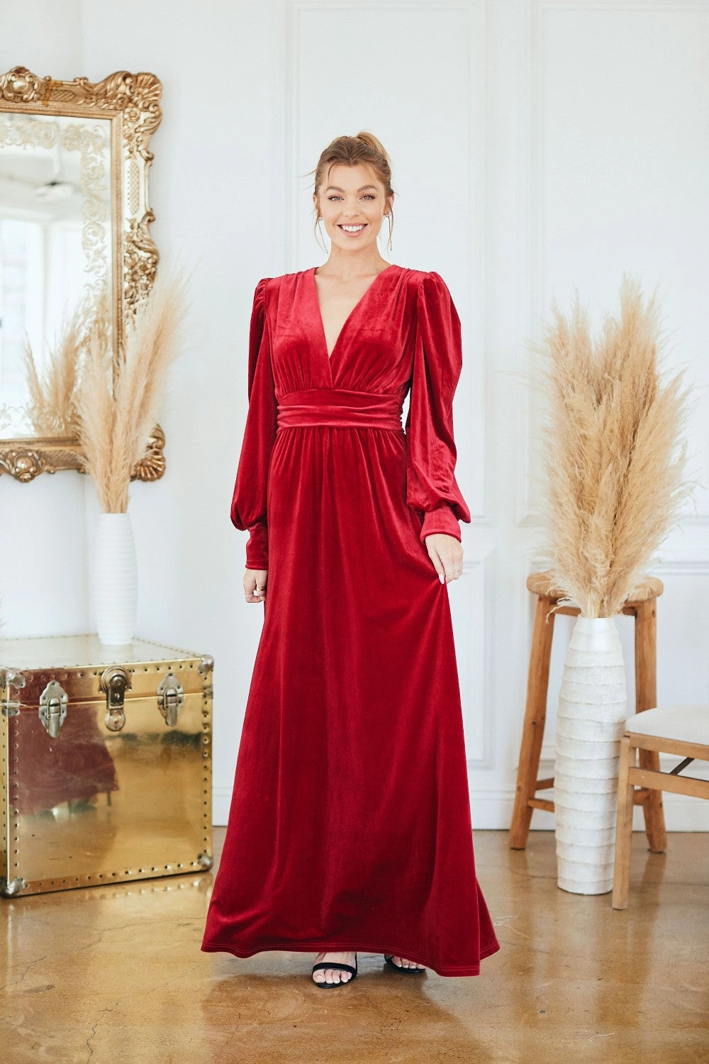 Red Velvet Long Sleeve Maxi Dress Sleek Volume Square-Neck
