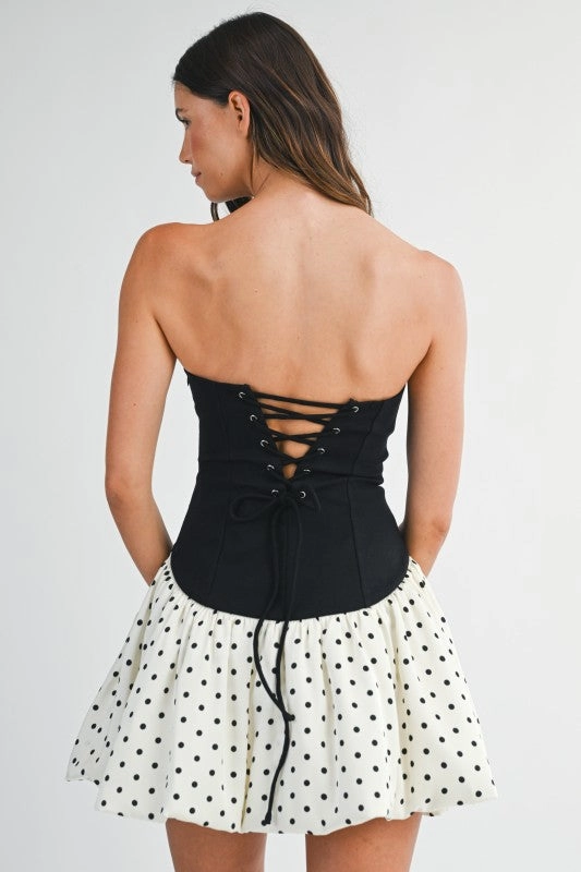 Reese Sleeveless Polka Dot Print Bubble Mini Dress Black Smart Tailoring Sunset Look