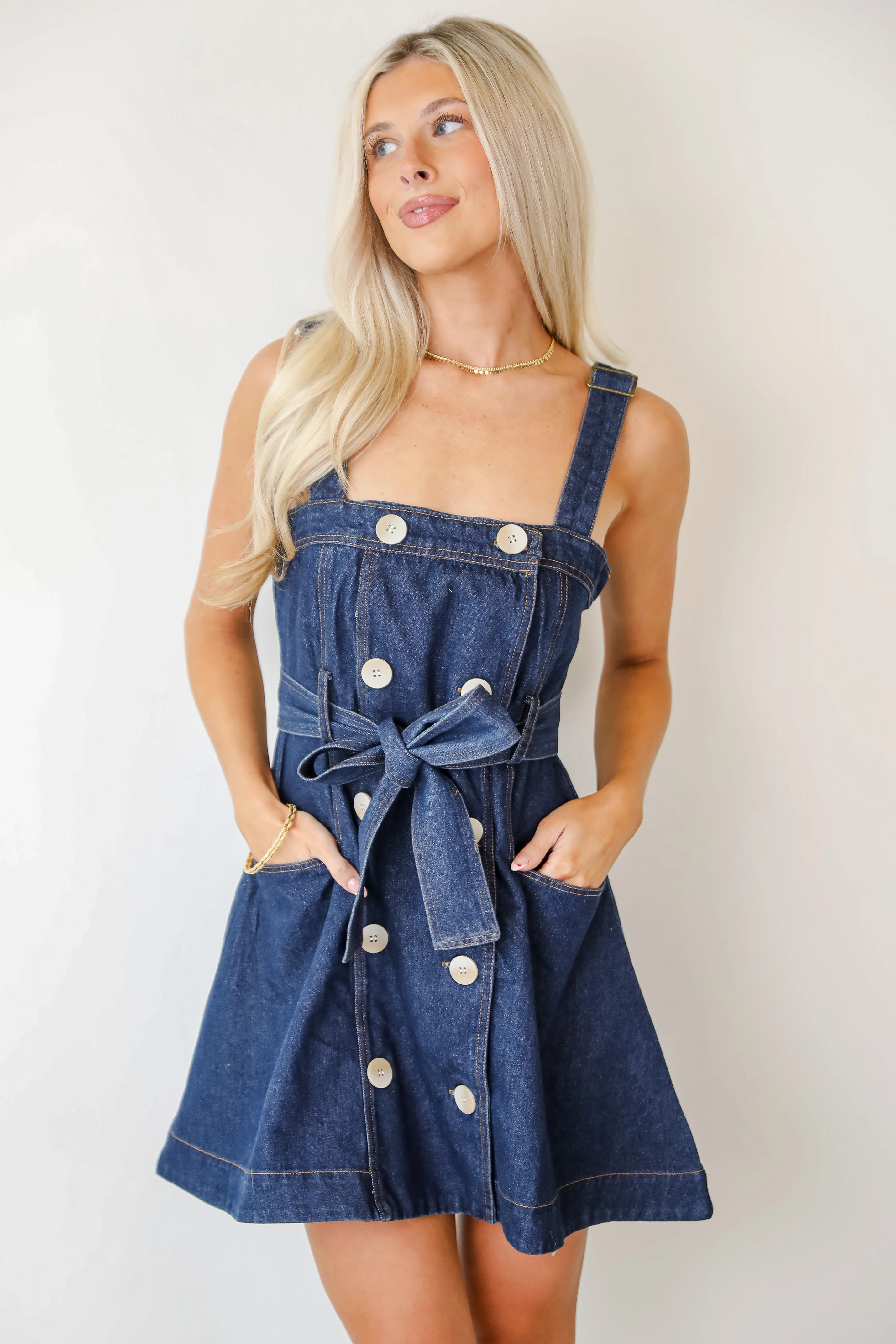 FINAL SALE - Simply A Stunner Dark Wash Denim Mini Dress French Vibe Movement Friendly