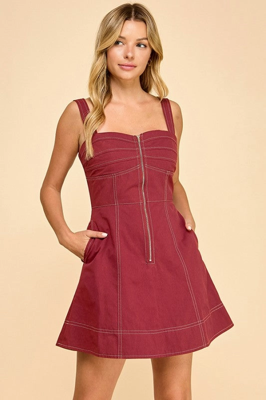 Waitlist 11/10 ? Jasmine Sleeveless Pleated Zip Up Mini Dress Burgundy Polished office dress Seasonal Style