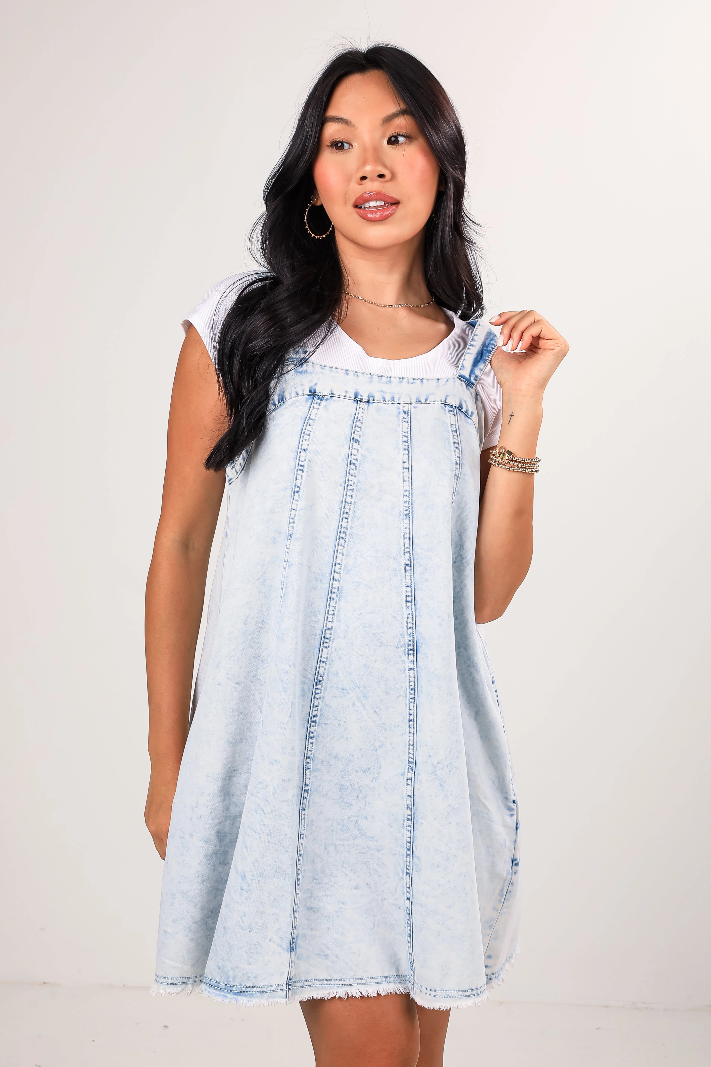 FINAL SALE - Sweet Perception Light Wash Denim Mini Dress Layered Movement