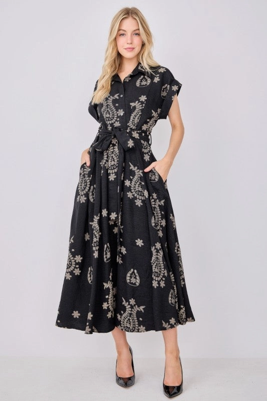 Chill Fashion Remi Short Sleeve Waist Tie Abstract Print Maxi Dress Black