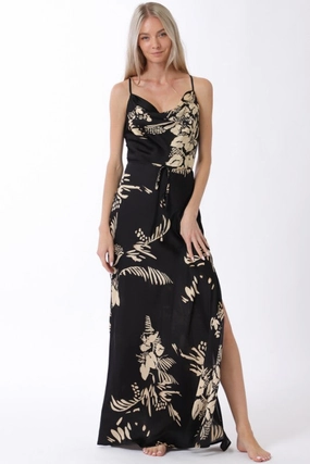 Rochelle Sleeveless Waist Tie Floral Print Maxi Dress Black Relaxed day dress Field Fresh