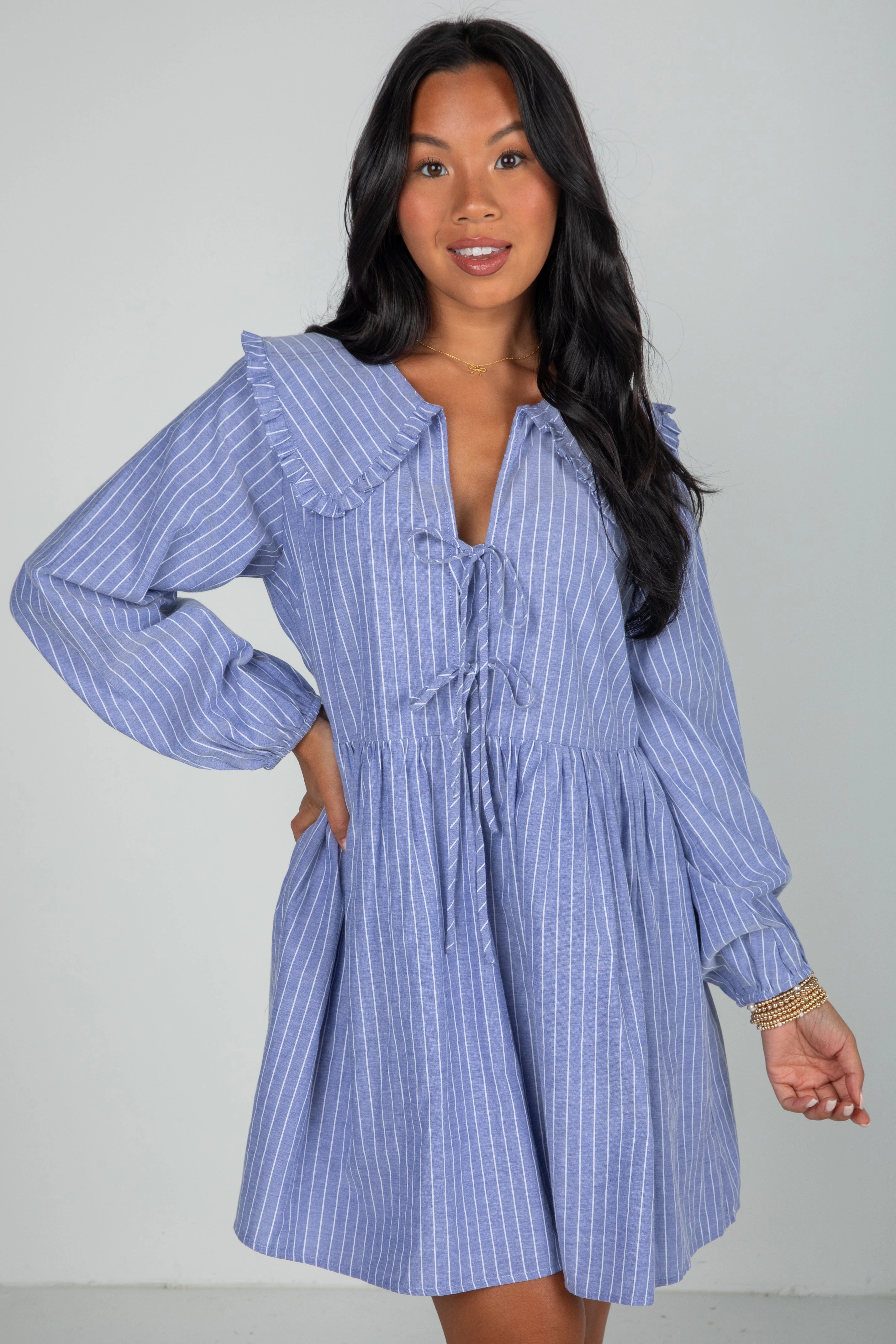 Comfortable shift dress Romantic History Denim Striped Babydoll Mini Dress