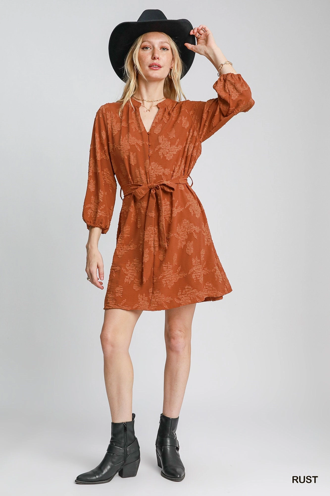 Rust Jacquard Mini Dress Stretchable