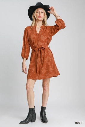 Rust Jacquard Mini Dress Stretchable