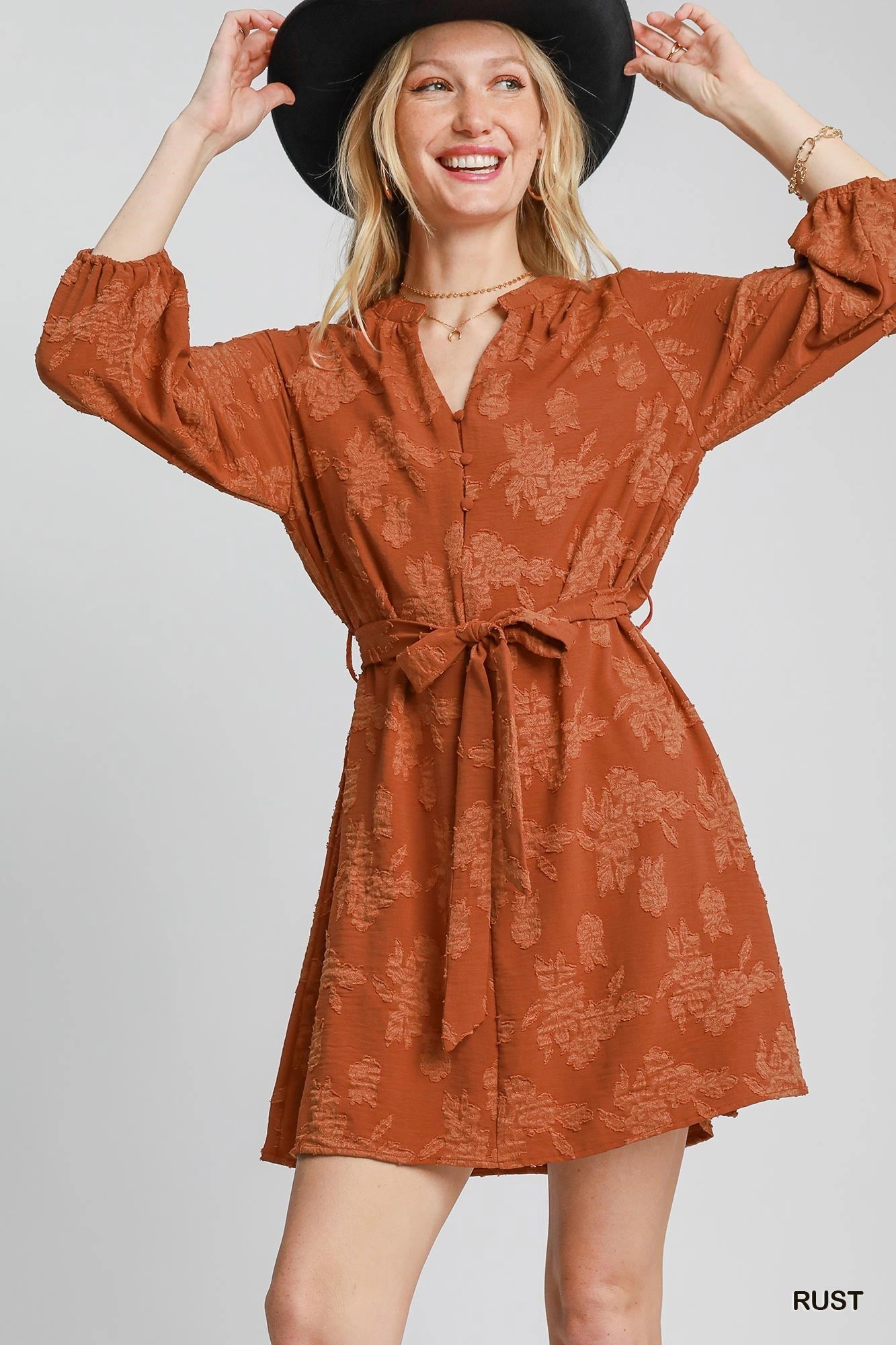 Piped-Edge Rust Jacquard Mini Dress