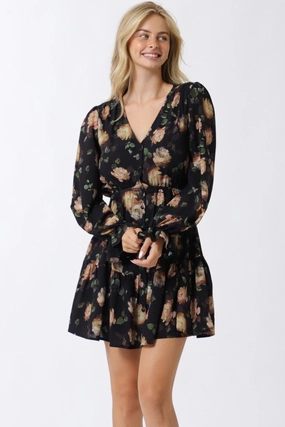 Sabine Long Sleeve Button Front Floral Print Mini Dress Navy Summer Soft Tailored Cut