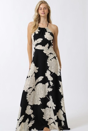 Sabrina Sleeveless Halter Floral Print Maxi Dress Black Gentle Stitch