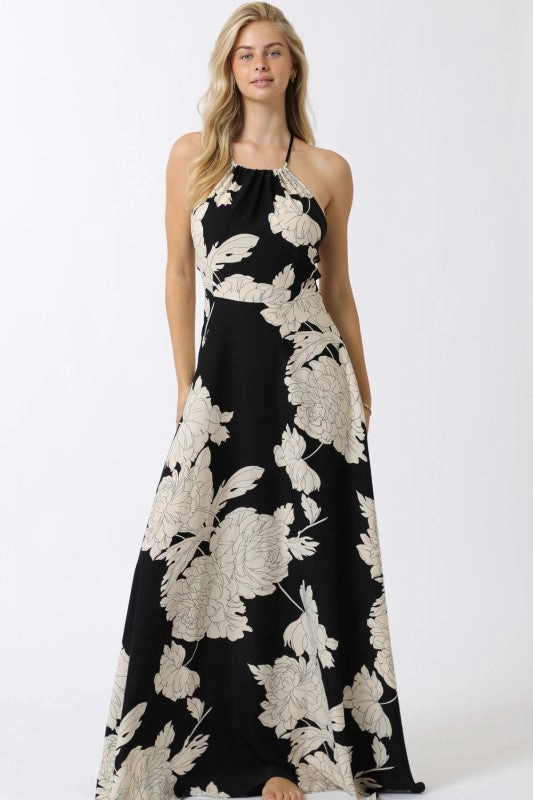 Sabrina Sleeveless Halter Floral Print Maxi Dress Black Silky Silhouette
