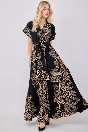 Lounge Moment Layerable Piece Minnie Short Sleeve Waist Tie Damask Print Maxi Dress Black