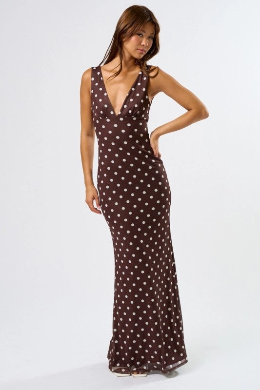 Seasonal Mood Cool Motion Serenity Sleeveless Polka Dot Print Mesh Maxi Dress Brown