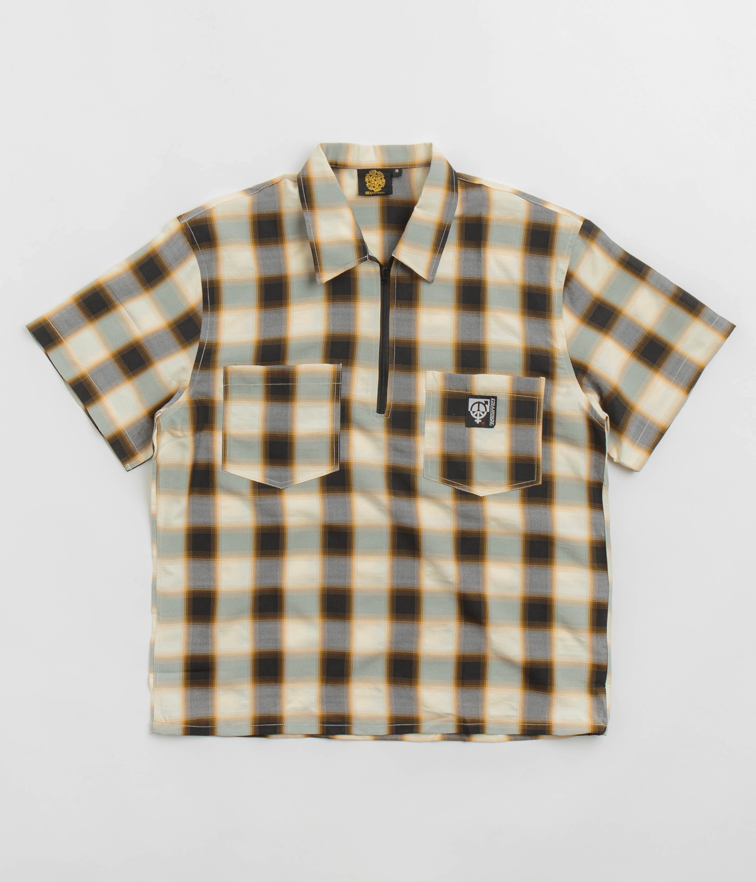 Military Inspired Geometric Shape Sexhippies Half Zipper Short Sleeve Shirt - Off White / Black