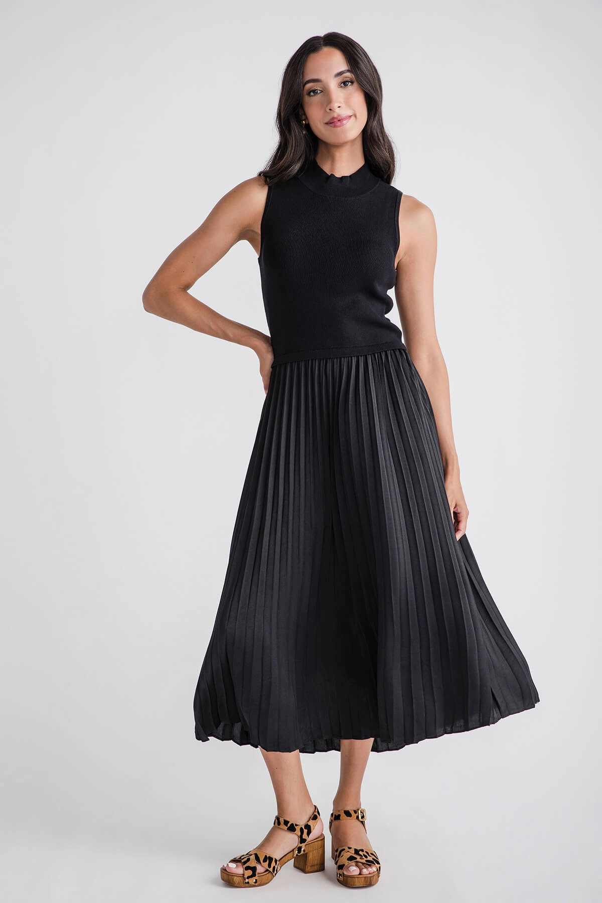 Smart and Sleek Wave Soft Skies Are Blue Pleated Contrast Mock Neck Dress