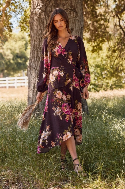Lennon Long Sleeve Wrap Floral Print Midi Dress Brown Chic Rhythm