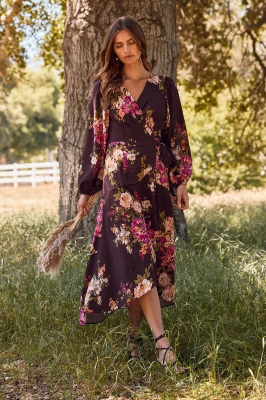 perfect for events Lennon Long Sleeve Wrap Floral Print Midi Dress Brown