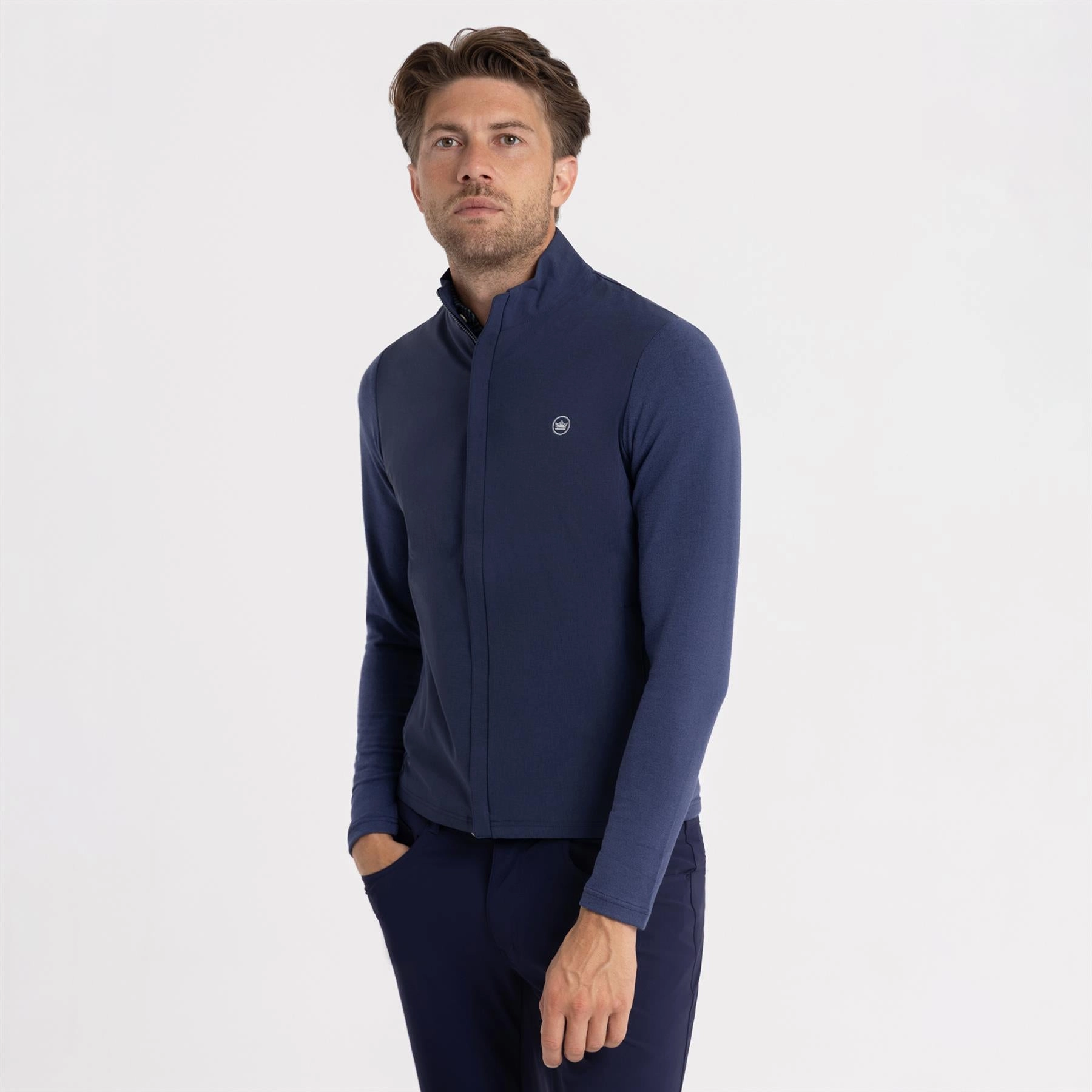 Solstice Performance Hybrid Full Zip Cardigan Navy Elastic Cuff Mechanism Performance Edge