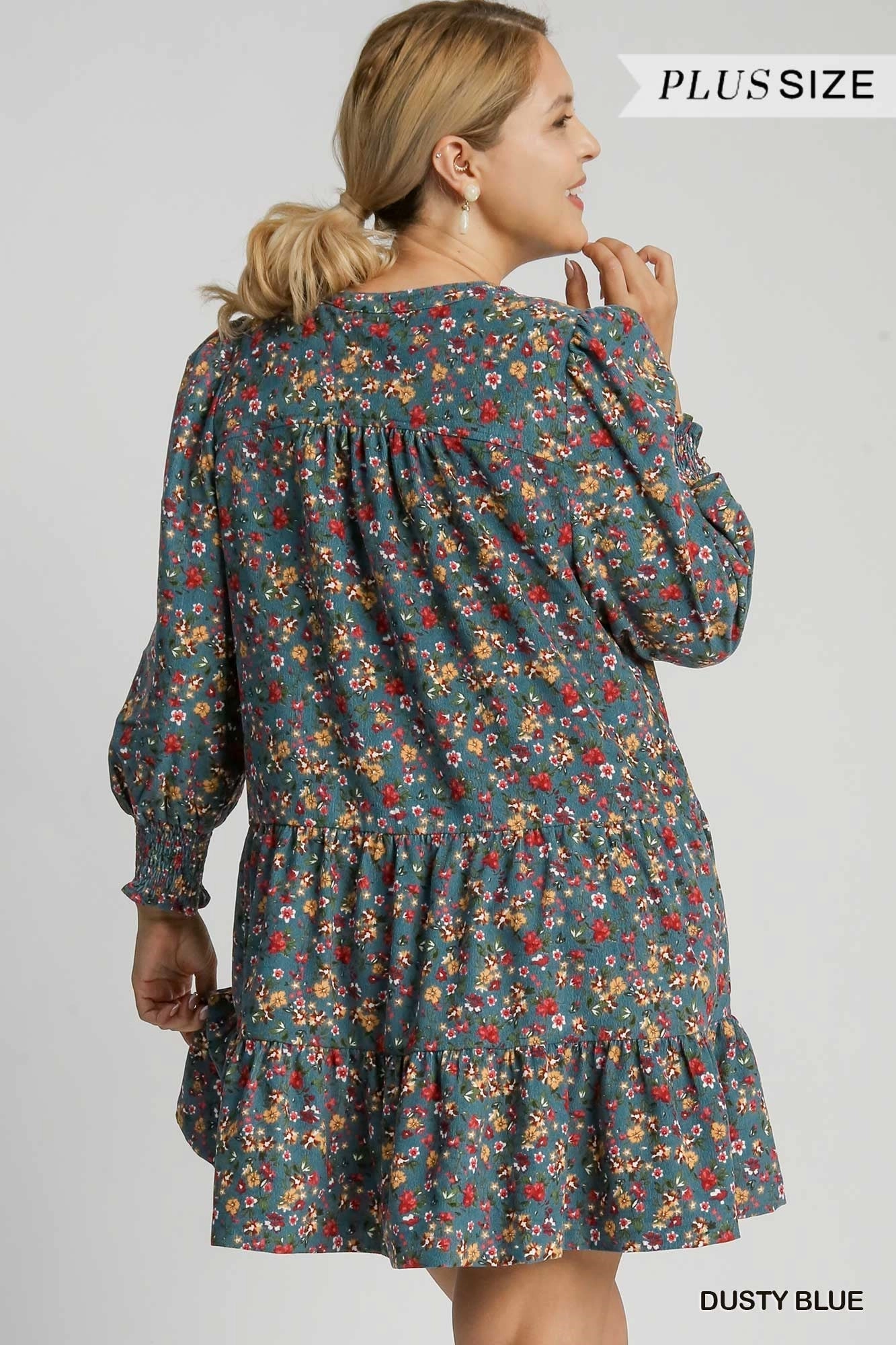 Relax Style Dusty Blue w/ All Over Floral Corduroy Dress