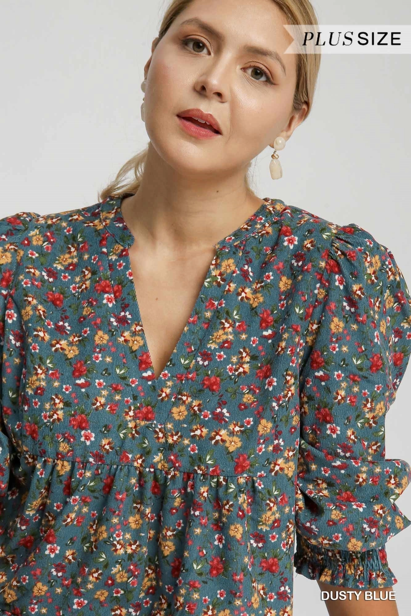 Dusty Blue w/ All Over Floral Corduroy Dress Smart Blend Subtle Mood