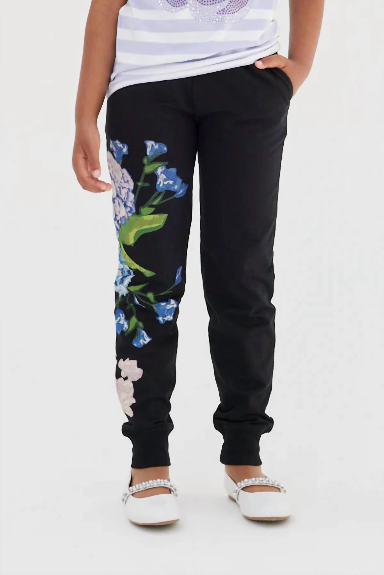 Hydrangea Printed Joggers In Black Breathable Weave Fabric Perfect Look