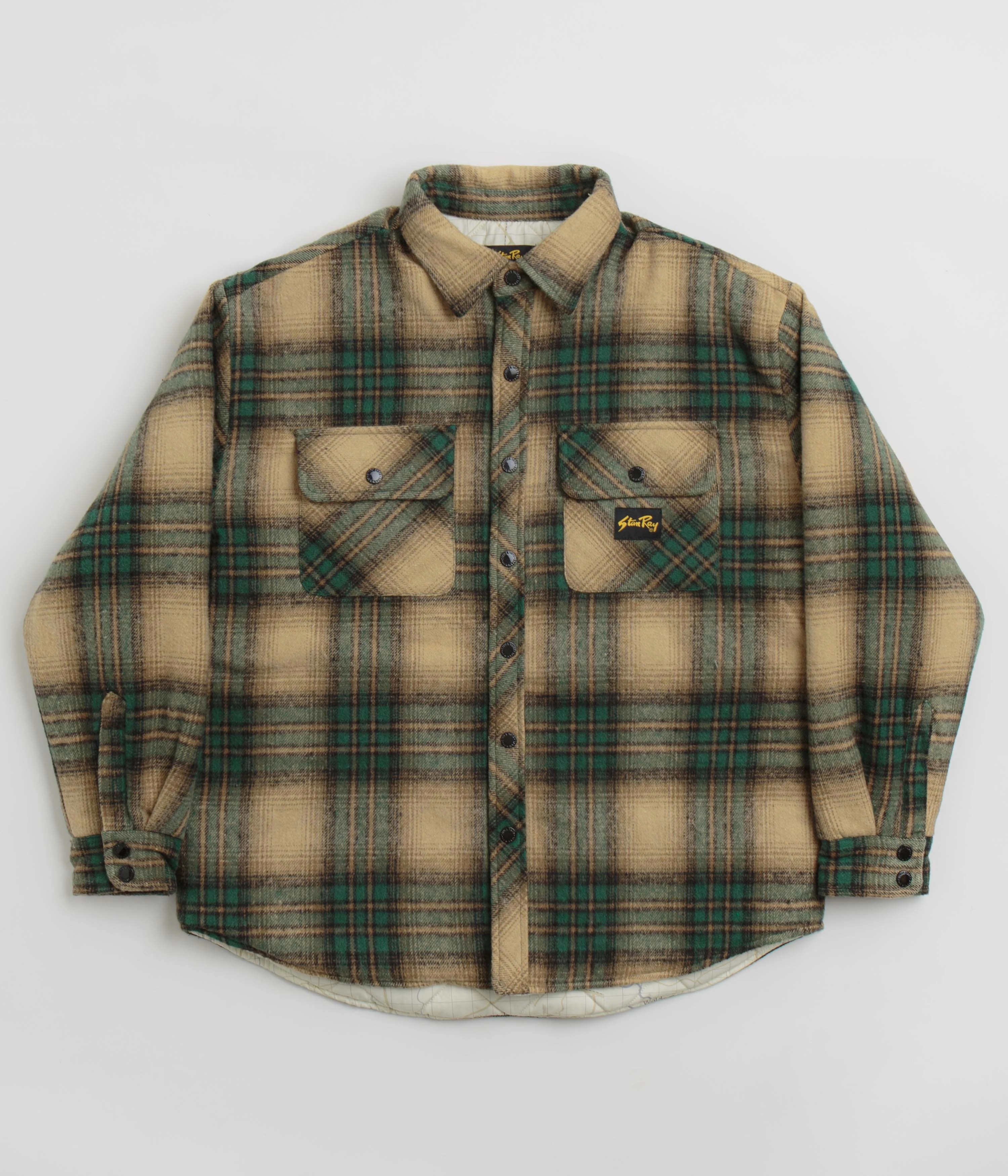 Zippered Closure Stan Ray Quilted Plaid Overshirt - Olive Plaid