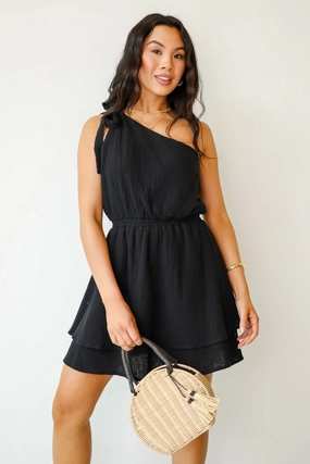 Work Chic FINAL SALE - Charming Potential Black Linen One-Shoulder Mini Dress