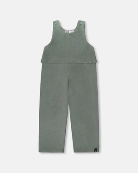 Relaxed Comfort Fit Stretch Velour Faux-Layered Overalls Jade Green