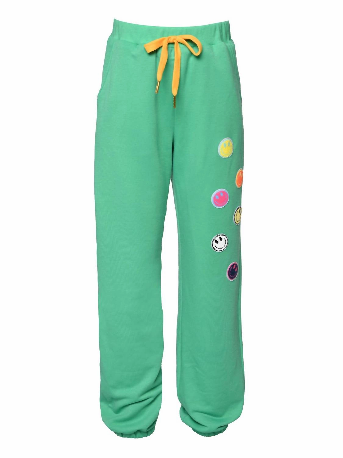 Girl's Sequin Happy Applique Jogger Pants In Green Minimalist Waist Adjustable Fit