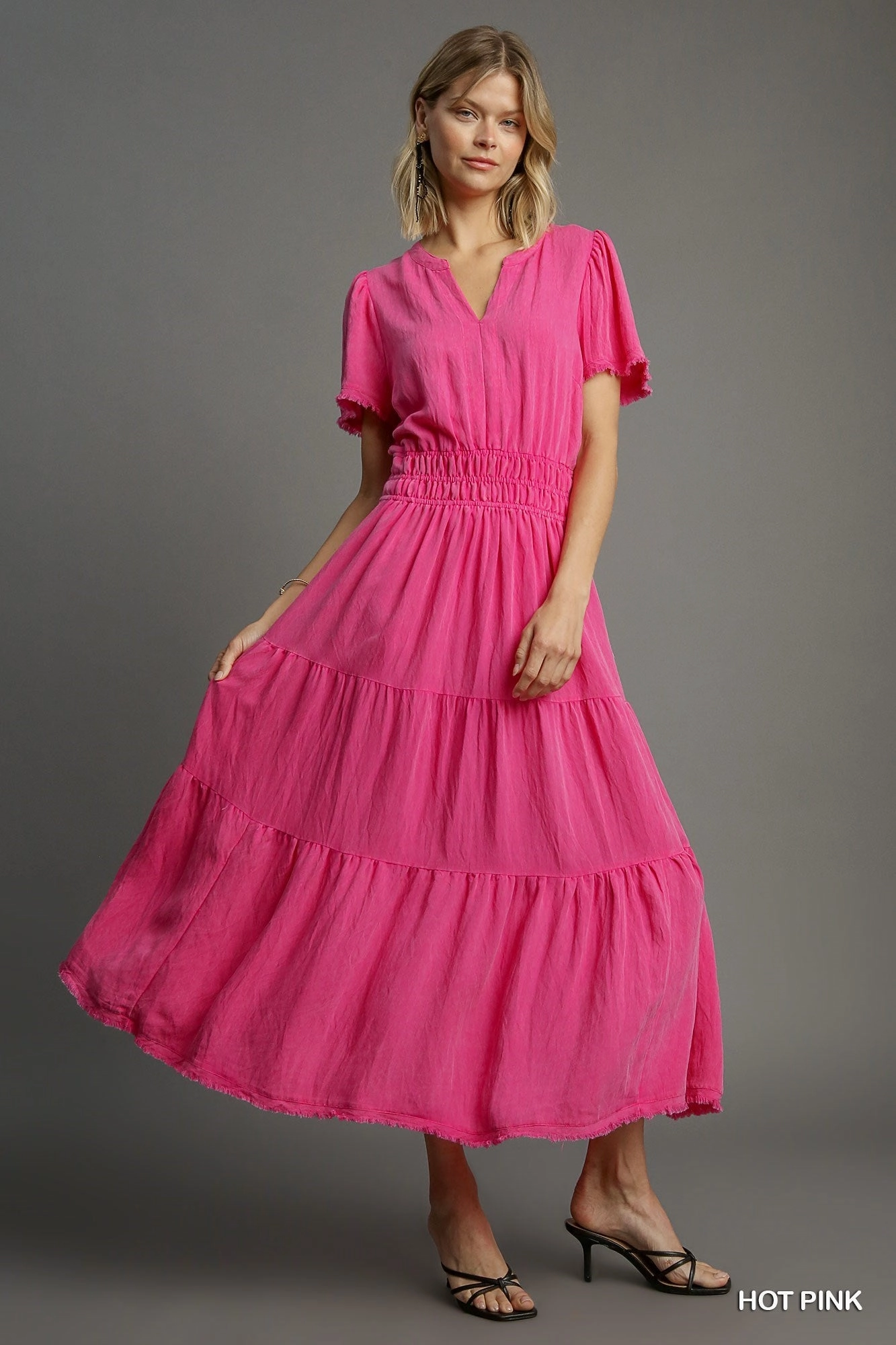 Clean Style Tassel-Detail Hot Pink Snow Washed Tiered Maxi Dress