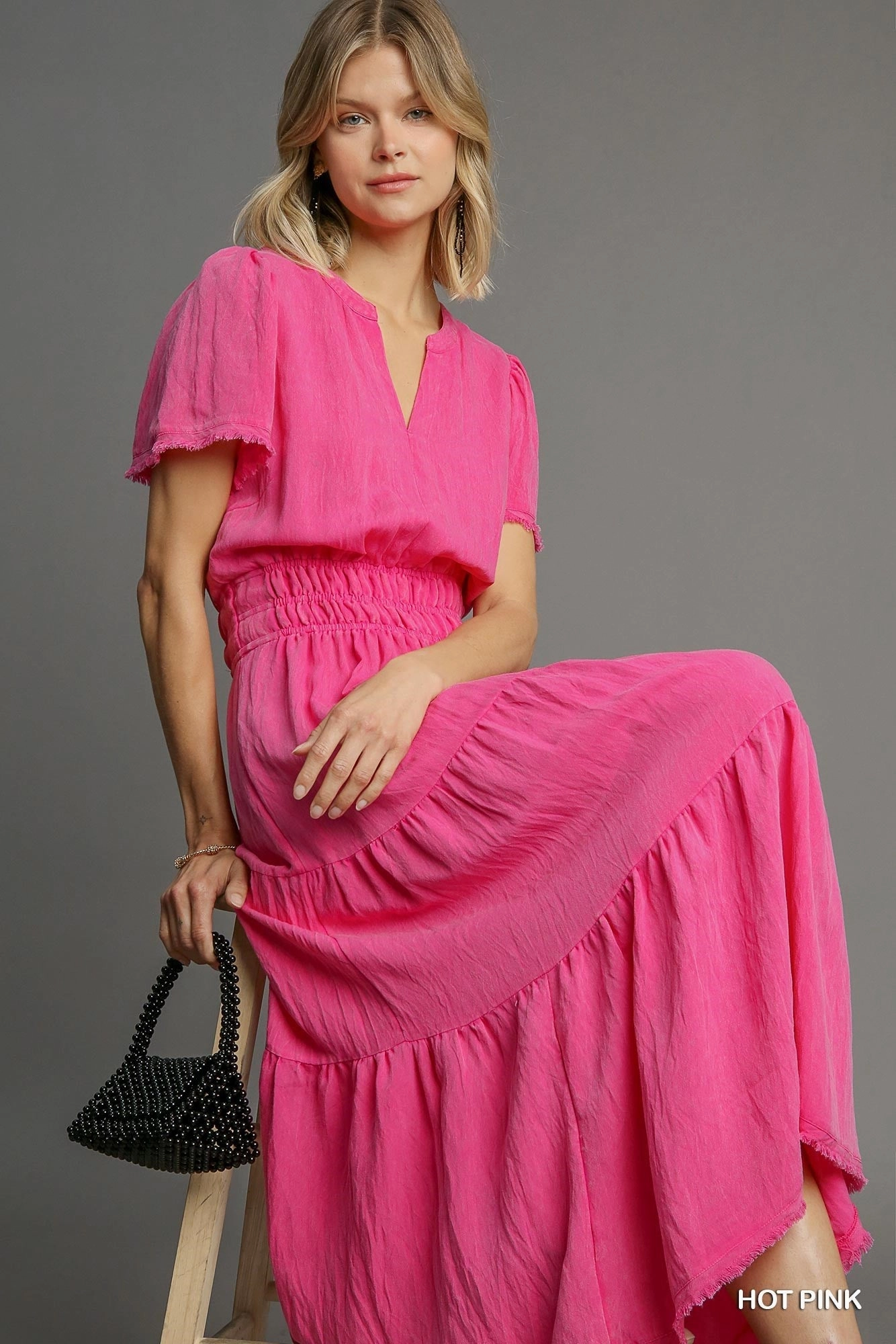Chilly Day Layers Hot Pink Snow Washed Tiered Maxi Dress