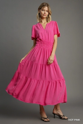 Clean Style Tassel-Detail Hot Pink Snow Washed Tiered Maxi Dress