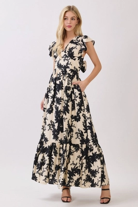 All Season Cool Palette Mila Ruffle Sleeve Back Tie Floral Print Maxi Dress Black
