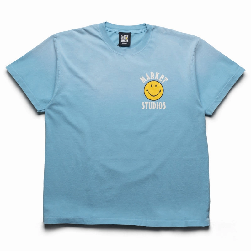 Fitness workout resort event Market Smiley Upside Down Lockup Tee - Retro Blue