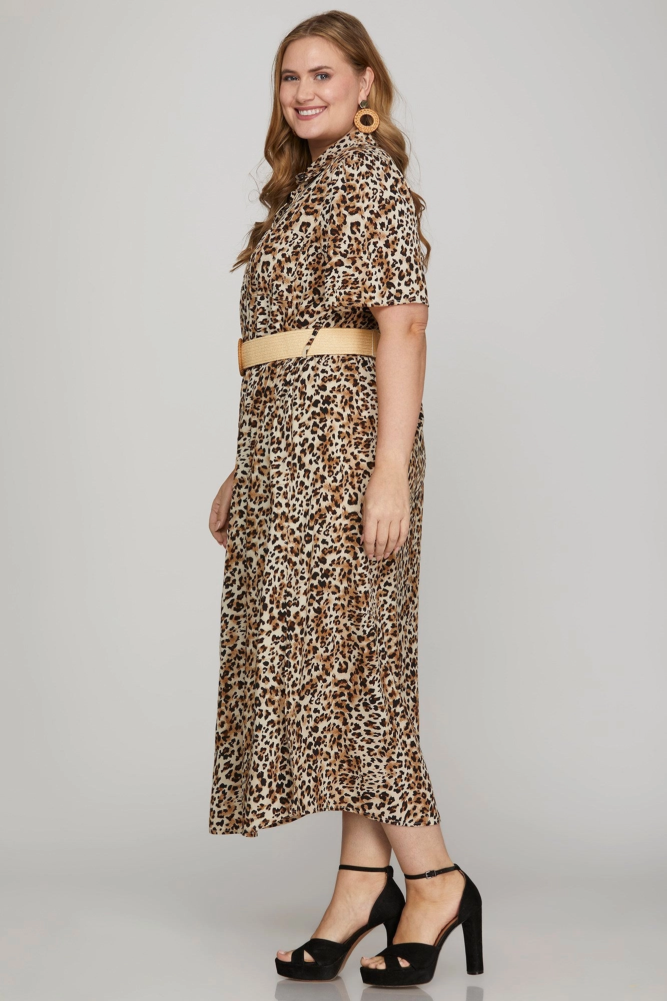 Layered Form Floral Comfort Animal Print Button-Down Midi Dress