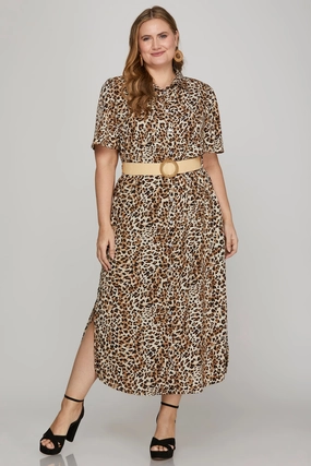 Work Appropriate Soft Fabric Animal Print Button-Down Midi Dress