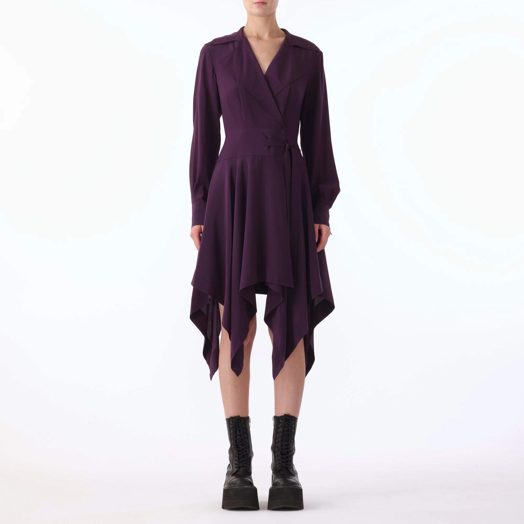 Nature Inspired Flattering and Effortless L/S SILK CREPE DE CHINE HANDKERCHEIF HEM DRESS