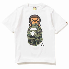 A Bathing Ape 1st Camo Milo On Ape Head Tee - White/Green Bound Armhole Edges outdoor climate