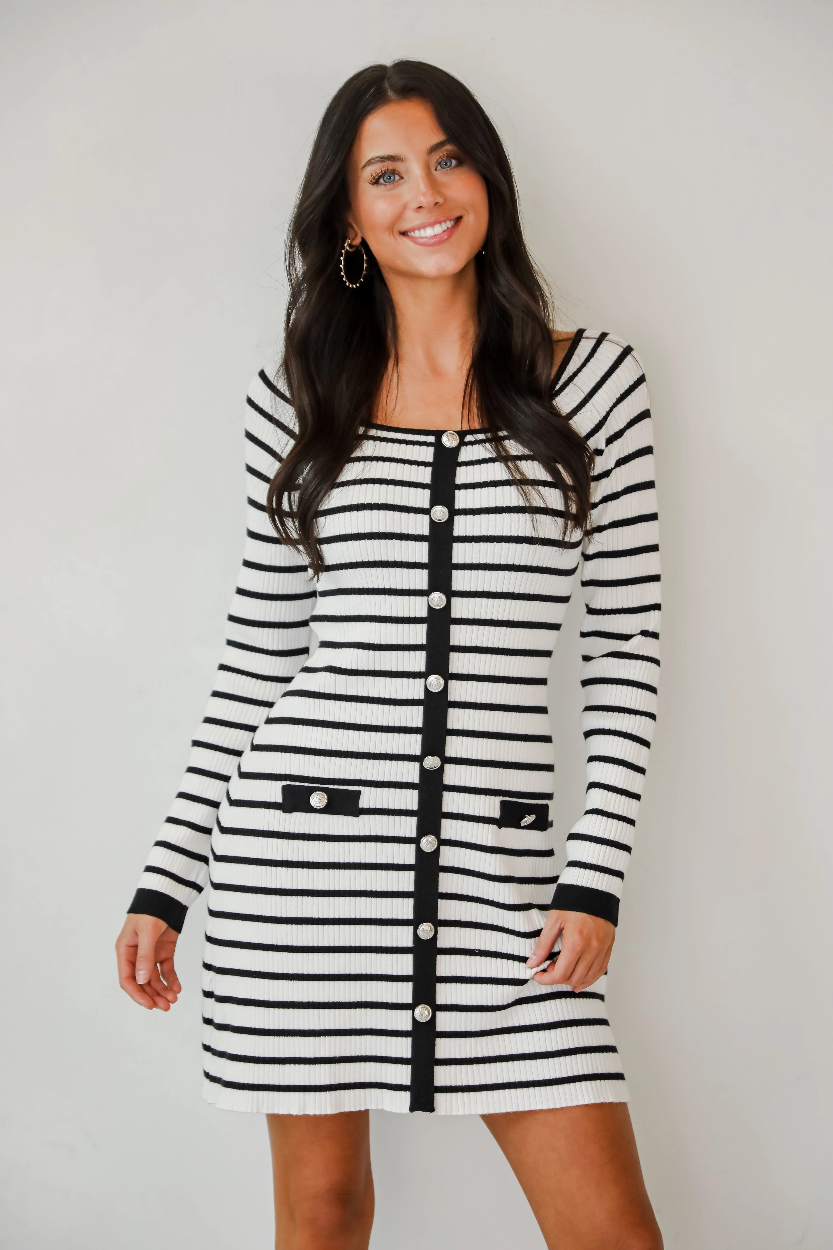 FINAL SALE - Enchanting Edge Ivory Striped Ribbed Knit Mini Dress Daywear Fit