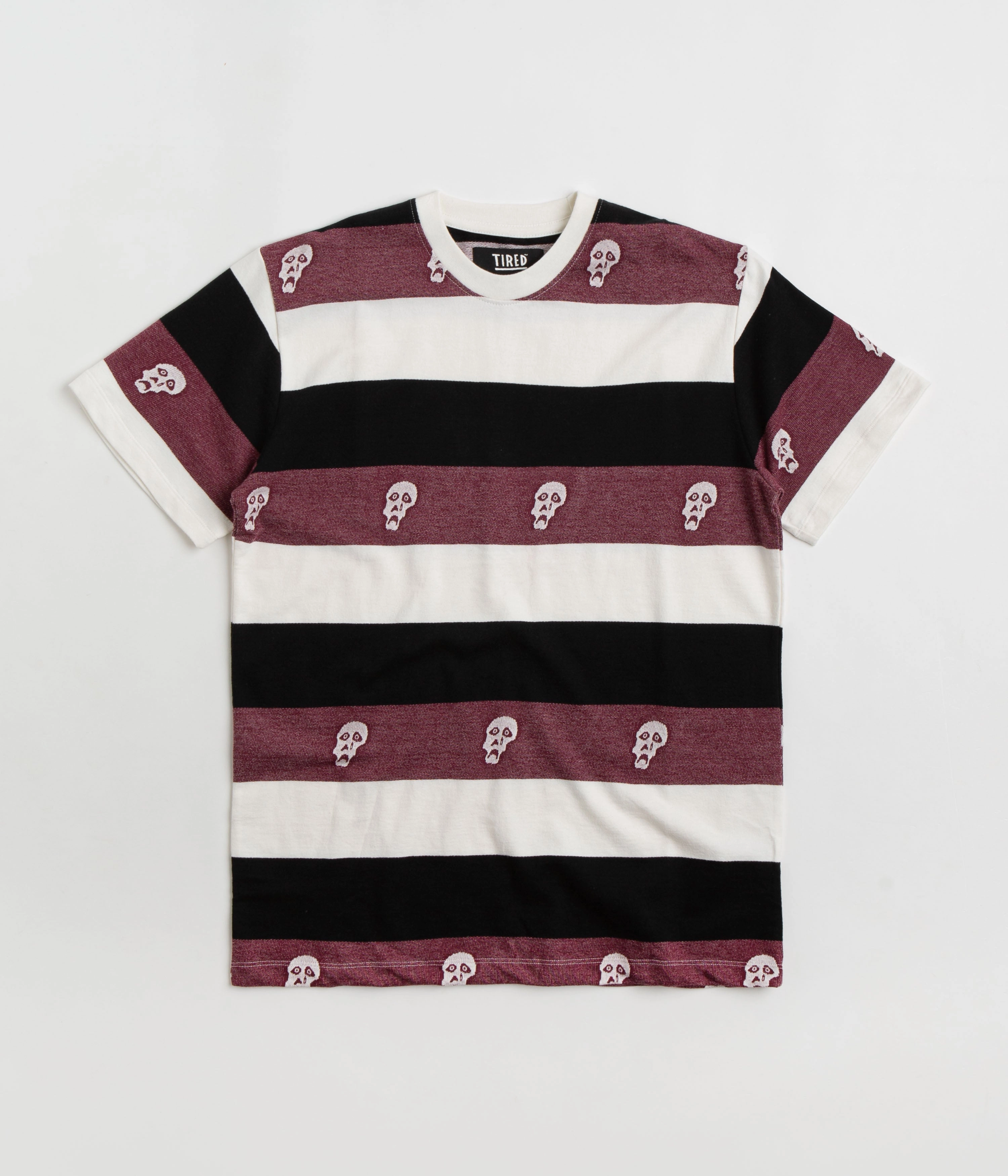 Tired Sad Skull Striped Jacquard T-Shirt - Burgundy Minimalist Design