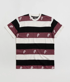 Tired Sad Skull Striped Jacquard T-Shirt - Burgundy Minimalist Design