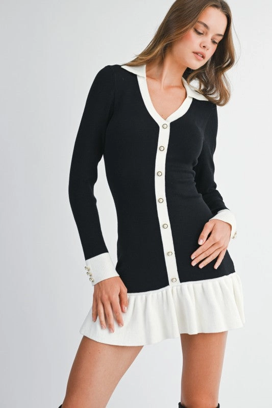 Texture Soft Poppy Long Sleeve Faux Button Knit Mini Dress Black