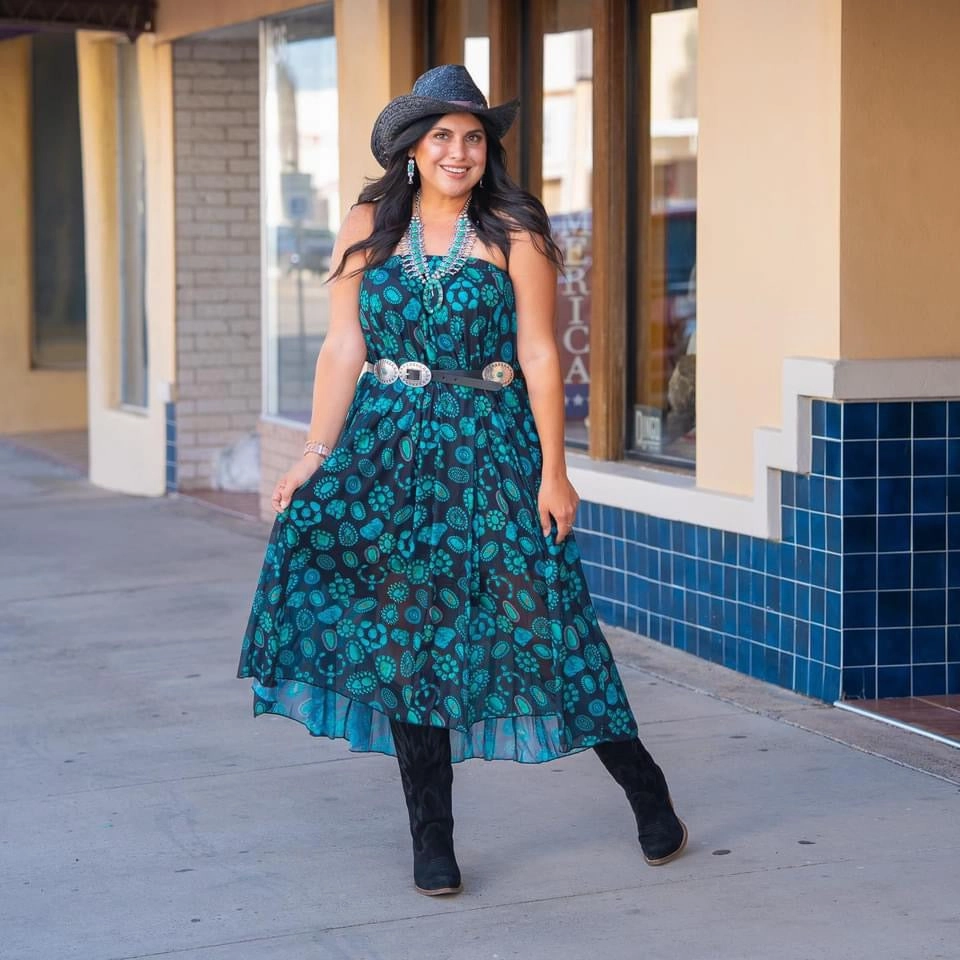 Tailored Fit Turquoise Concho & Squash Blossoms on Black Mesh Dress or Maxi Skirt