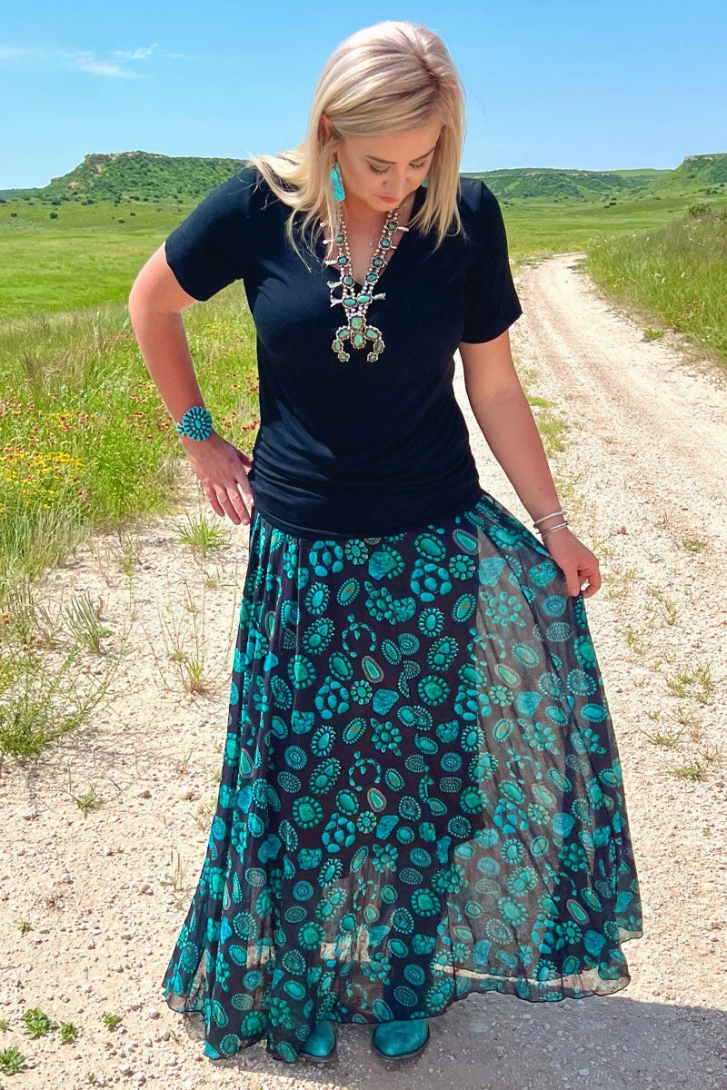 Turquoise Concho & Squash Blossoms on Black Mesh Dress or Maxi Skirt Cool Season Night Charm