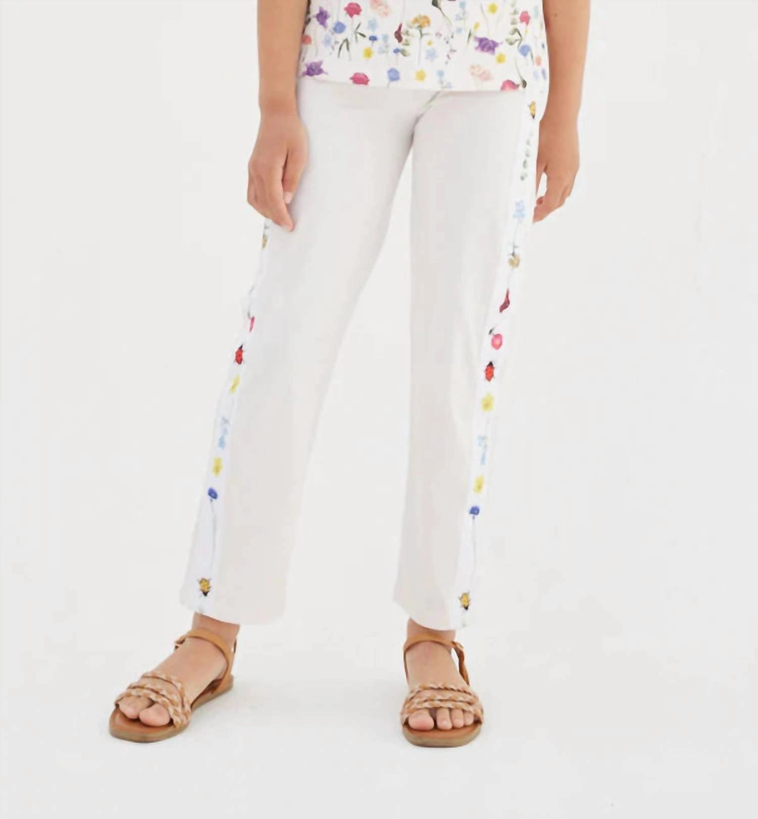 ElasticWaistband Casual Design Floral Tapered Pants In White