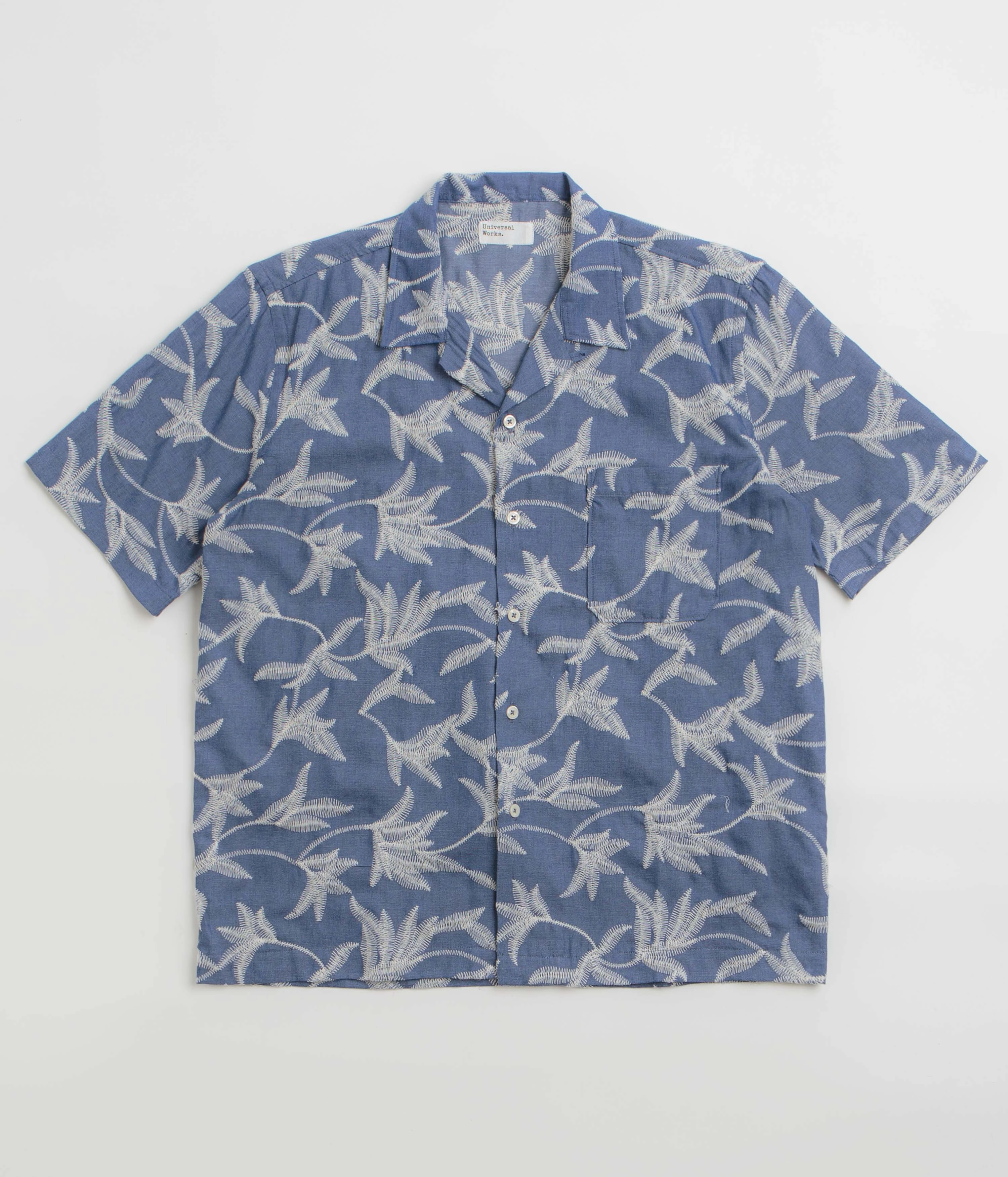 Universal Works Road Shirt - Indigo / Summer Jungle Double Stitched Hems